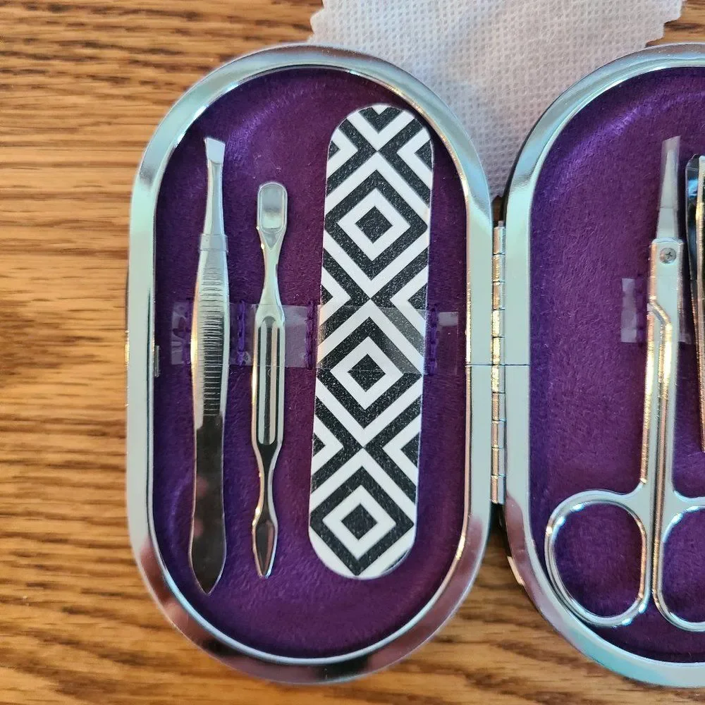 Women's Teen's Manicure Nail Care Kit 5-Piece With Padded Case Purple Black New